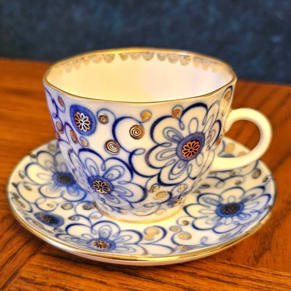 Lomonosov Imperial Porcelain Cobalt Blue Gold Floral Tea Cup Saucer Set USSR
